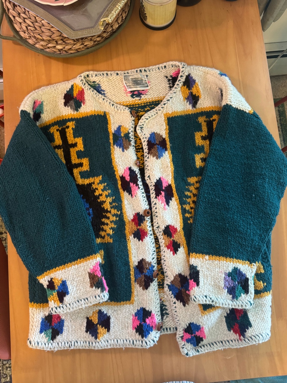 Handknit 100% Wool Geometric Cardigan in Teal & Cream